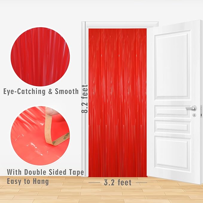 GOER 3.2 ft x 8.2 ft Metallic Tinsel Foil Fringe Curtains Party Photo Backdrop Party Streamers for Birthday,Graduation,New Year Eve Decorations Wedding Decor(4 Packs,Candy Red)