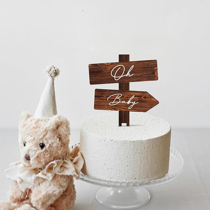Non-Edible Cake Topper, Wood, 5.3 x 7.3 Inch Rustic Baby Shower Decoration