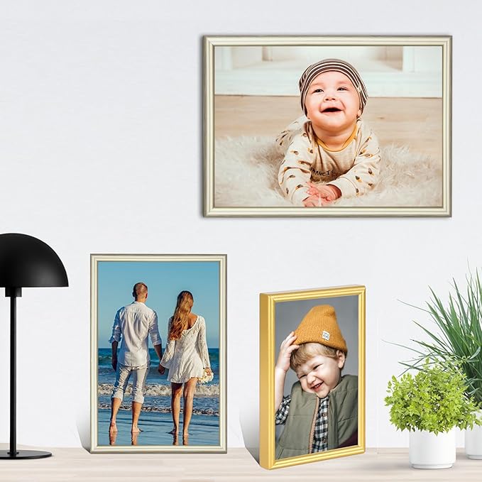 Tabletop Picture Frame, 4x6 Champagne Brushed Metal Wall Mount Frame