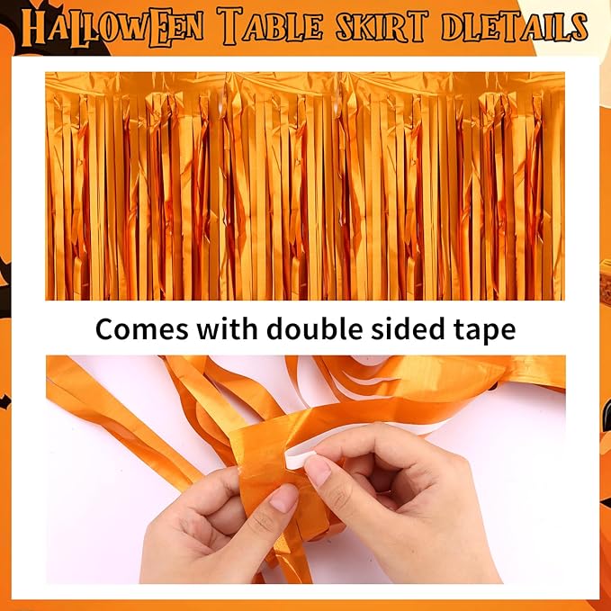 28x106 Inch Orange Sequin Tablecloth for Halloween Decorations, Metallic Tinsel Foil Fringe Table Skirt, Rectangle or Round Tables Decor, Table Cover, Skull Decorations for Halloween Party