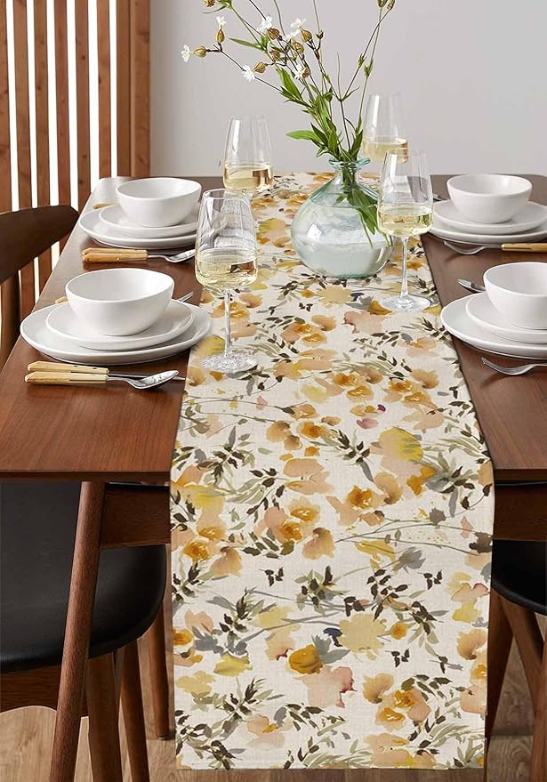 Vintage Orange Flower Cotton Linen Table Runner for Dining Kitchen, Wedding Outdoor Party Tablerunners Decoration, Farmhouse Botanical Floral Retro Dresser Scarf Coffee Tablecloth Runners 13x90 Inches