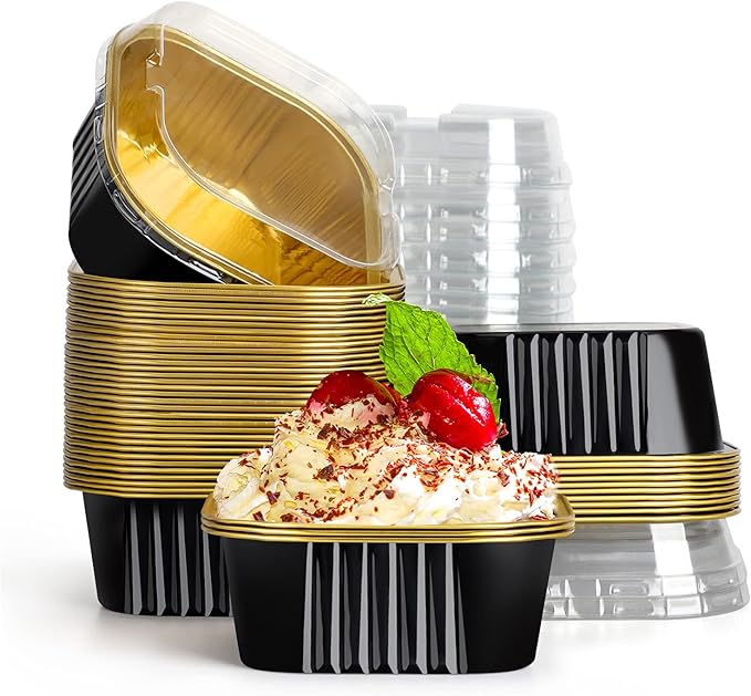 Baking Cups with Lids, 10 oz Square Aluminum, 50 Count in Black and Gold