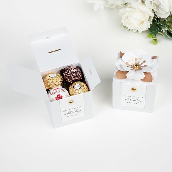 Gift Boxes 20 Pack White Candy Favor Boxes with Floral Decor and Tags