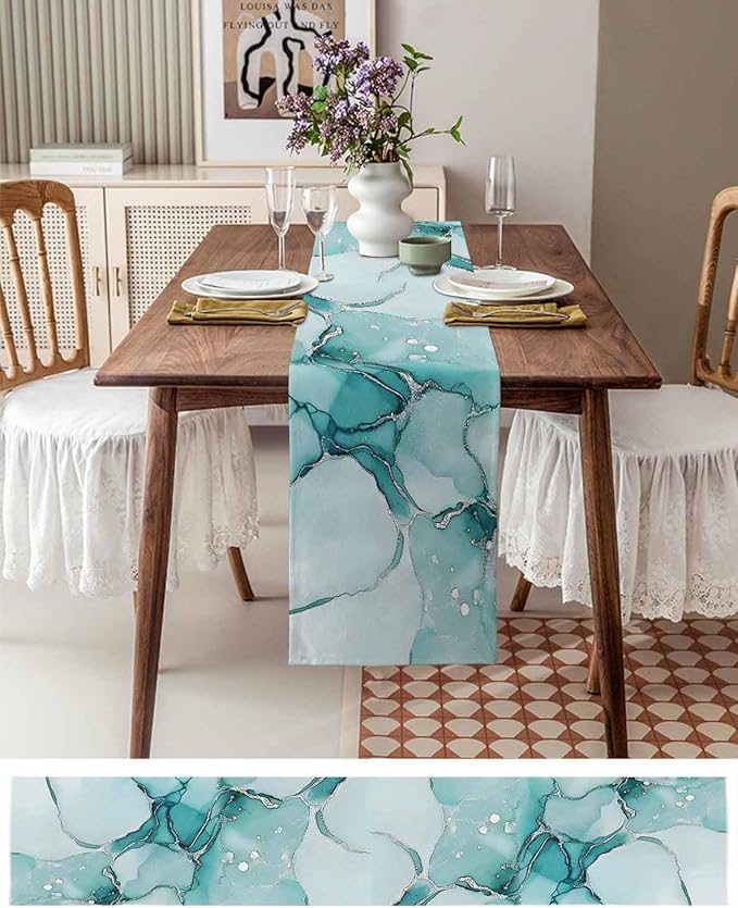 Turquoise Marble Cotton Linen Table Runner for Dining Kitchen, Wedding Outdoor Party Tablerunners Decoration, Nature Marble Crack Country Retro Dresser Scarf Coffee Tablecloth Runners 13x120 Inches