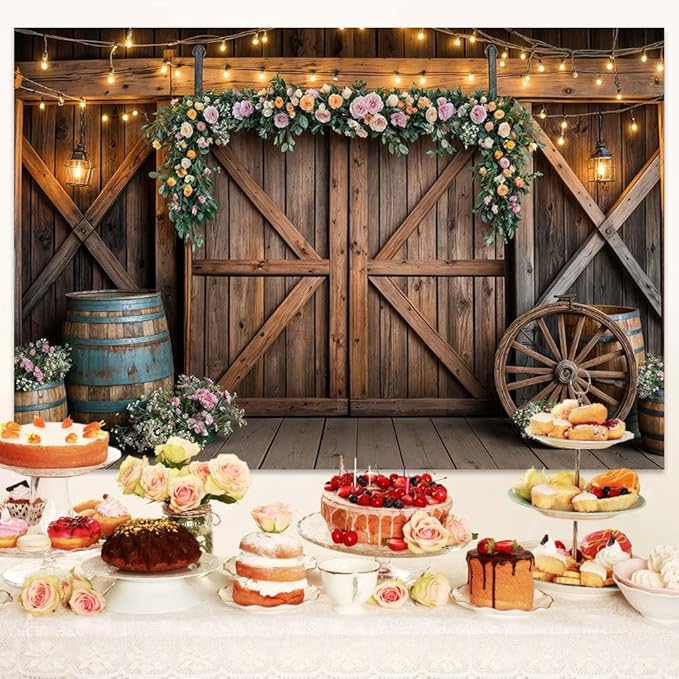 9x6ft Country Wedding Photography Backdrop Rustic Barn Door Photography Backdrop Farmhouse Pink Flower Cabin Wooden Birthday Baby Shower Wedding Bridal Party Banner Photo Booth Props Background
