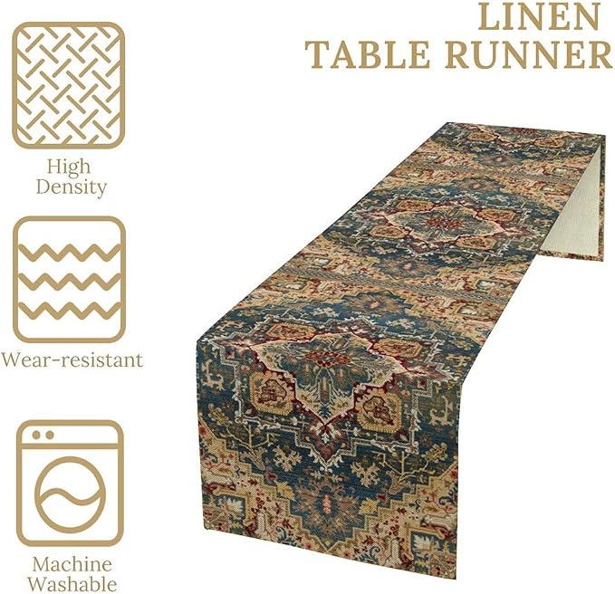 Boho Bohemia Style Table Runner, Country Rustic Farmhouse Vintahe Colorful Geometry Print Table Runner for Home Kitchen Dinner Party Holiday Decor, 13x60inch