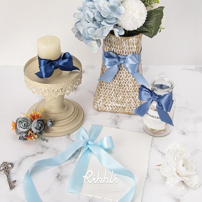 Ribbli Dusty Blue Satin Ribbon 1 Inch x 4 Rolls Total 40 Yards- Light Blue/Dusty Blue/Smoke Blue/Light Navy Ribbon for Gift Wrapping Craft Wedding Decoration