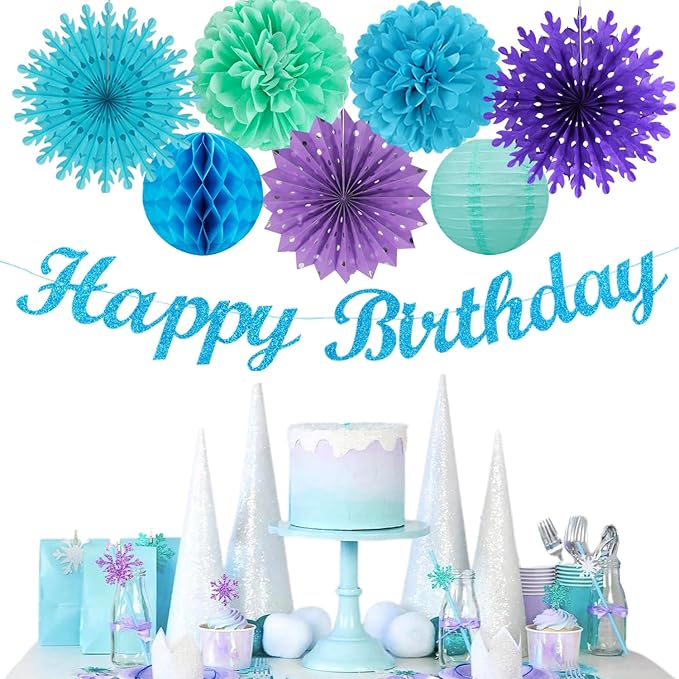 Banners Winter Wonderland Party Kit, Paper Decor in Blue, Purple and Teal