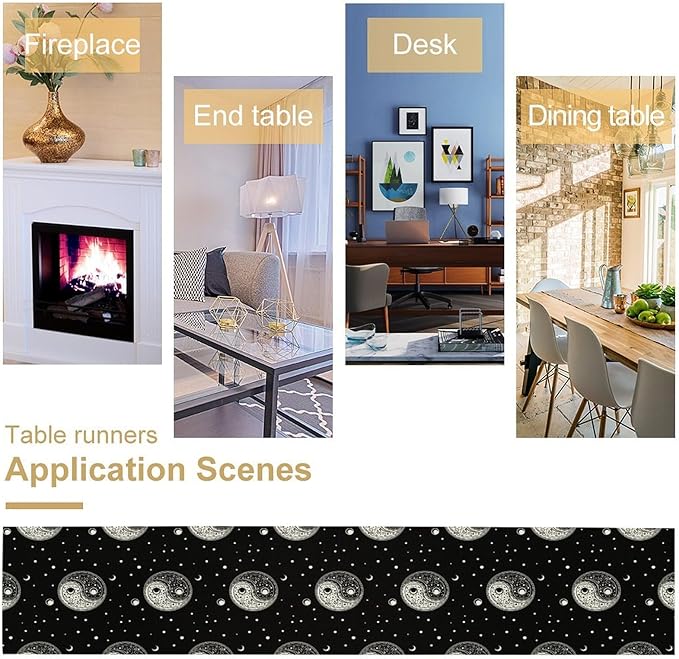 Mystical Celestial Table Runner, Vintage Bohemian Black Yin Yang Symbol Moon Stars Print Table Runner for Office Kitchen Dining Wedding Party Home Coffee Table, 13x36inch