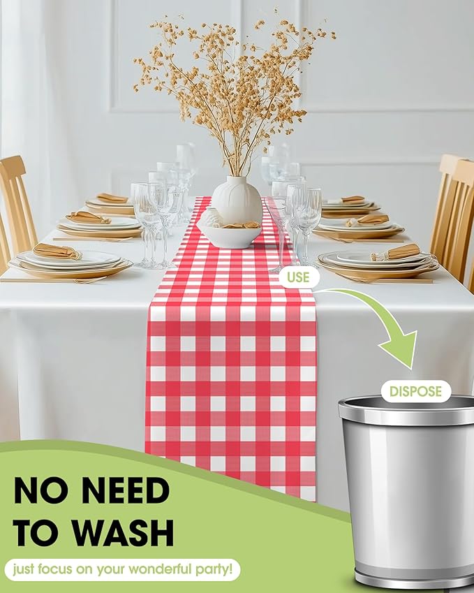 Pureegg Gingham Plastic Table Runners - 10 Pack, 14'' x 108'', Water Resistant & Disposable Plaid Centerpiece Decorations for Table Cloth, Birthday, Holiday, Party, Red and White Checkered Home Decor