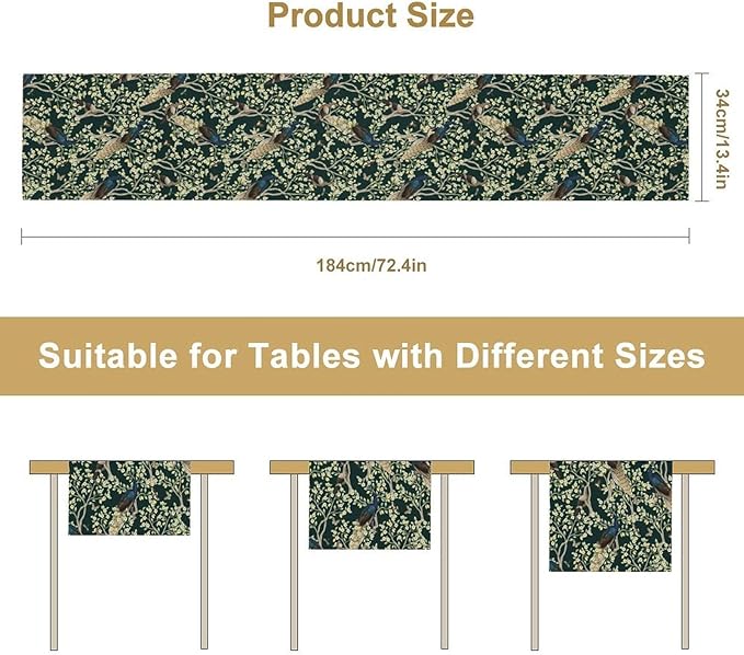 Peacock Table Runner,Retro Floral Plants Peacock Table Runner for Home Kitchen Dining Party Indoor Outdoor Decoration 13x90 Inch