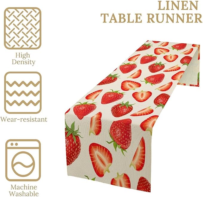 Strawberry Table Runner Spring Summer Wild Berry Fruit Theme Dinner Runner for Girl Baby Shower Party Holiday Home Kitchen Dining Table Decor 13x108