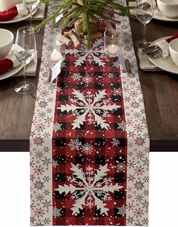 Buffalo Plaid Christmas Cotton Linen Table Runner for Dining Kitchen, Snowflake Red Black Check Wedding Outdoor Party Tablerunner Decoration,Retro Dresser Scarf Coffee Tablecloth Runners 13x108 Inches