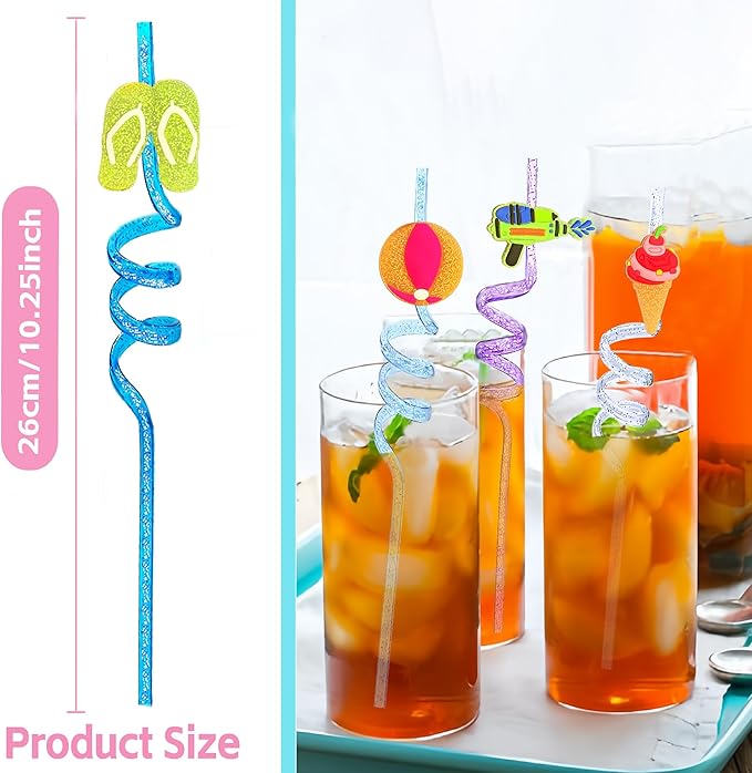 Straws, 24 Count Reusable Glitter Beach Design for Summer Parties