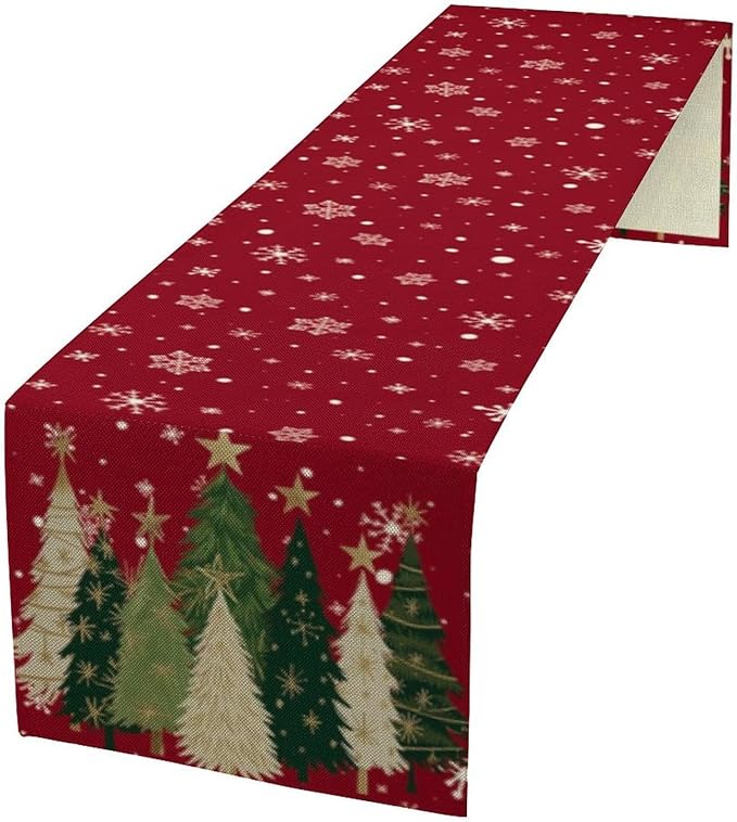 Merry Christmas Table Runner,Red Christmas Tree Snowflake Winter Seasonal Table Cloth Kitchen Dining Table Decoration for Home Party Decor 13x90 Inch
