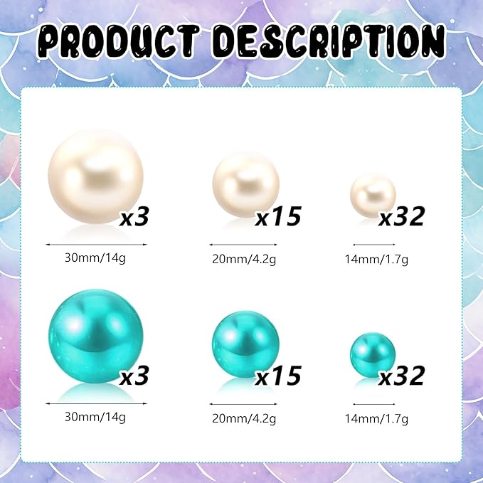 Vase Fillers, 100 Pcs Teal and White Plastic Pearl Beads, Assorted Sizes