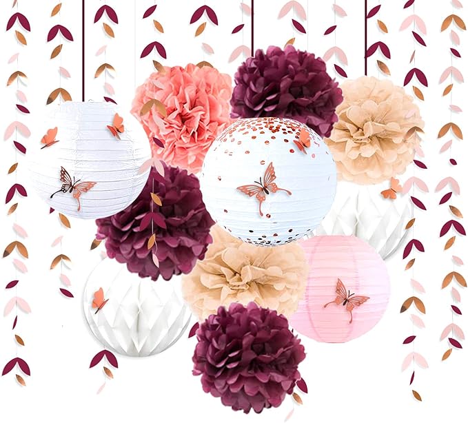 Banner Kit: 40 Pieces in Burgundy and Rose Gold with Paper Lanterns