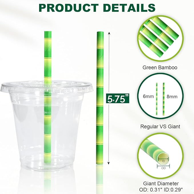Paper Straws, 250 Count Green Bamboo Disposable, 5.75 Inch Giant