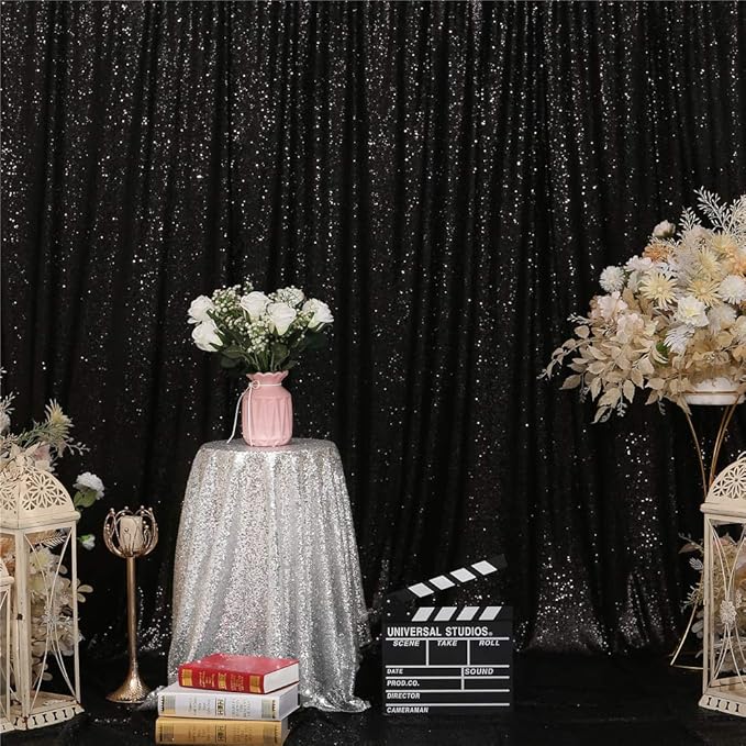 Eternal Beauty Black Sequin Backdrop, 4x7 Ft Halloween Glitter Background Curtains for Shimmer Photography Party Wedding Birthday Back Drop Decor