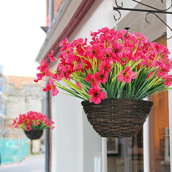 12 Bundles Artificial Flowers Outdoor UV Resistant Fake Flowers No Fade Faux Plastic Plants Garden Porch Window Box Decorating(Rose red)