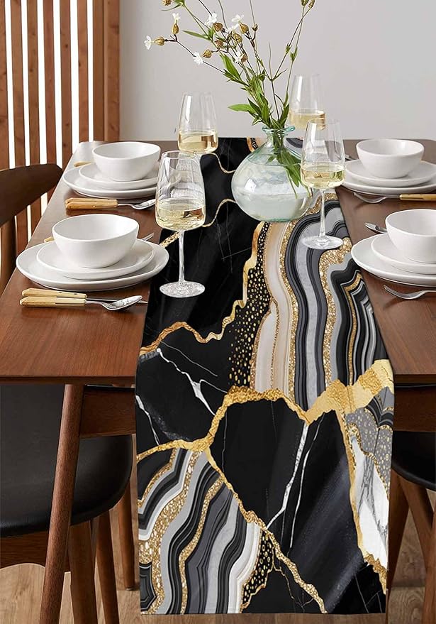 Geometric Black Marble Cotton Linen Table Runner for Dining Kitchen, Wedding Outdoor Party Tablerunners Decoration,Farm Marble Liquid Ripple Abstract Dresser Scarf Coffee Tablecloth Runners 13''x120''
