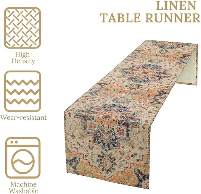 Bohemia Orange Table Runner, Rustic Farmhouse Vintage Geometric Floral Print Table Cover for Home Kitchen Dining Table Party Decor, 13x70inch