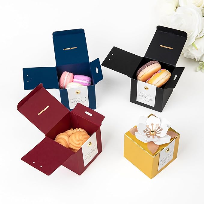 Gift Boxes, 20 Burgundy Favor Boxes with White Floral Decor and Tags
