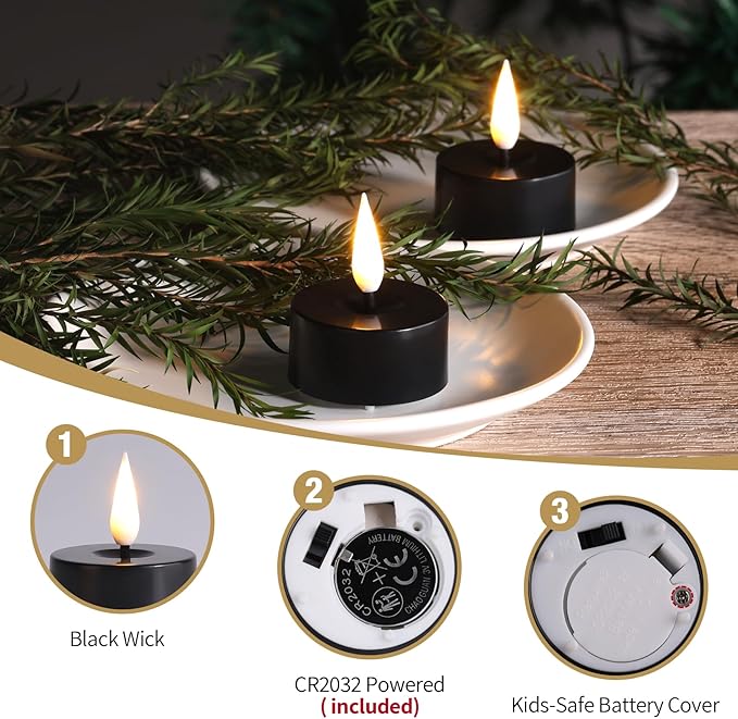 Flameless Tealight Candles, Black with Warm White LED Glow and Timer