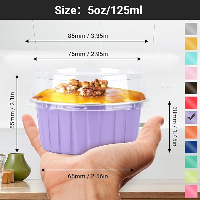 Baking Cups with Clear Lids, 125ml Light Purple Ramekins, 100 Count