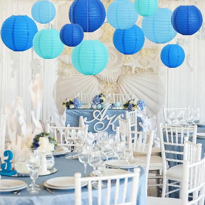 Paper Lanterns, 16 Pack, Round Sea Mix in 6, 8 and 10 Inch