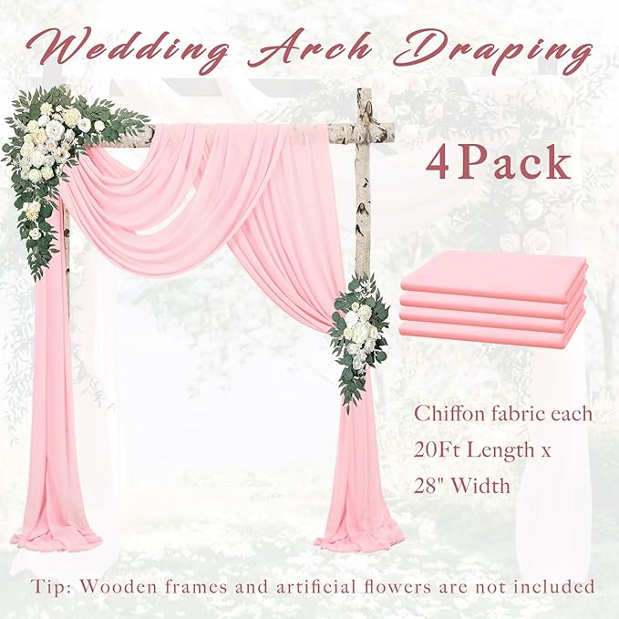 Wedding Arch Draping Fabric Set, 4 Light Pink Chiffon Panels 20 Ft