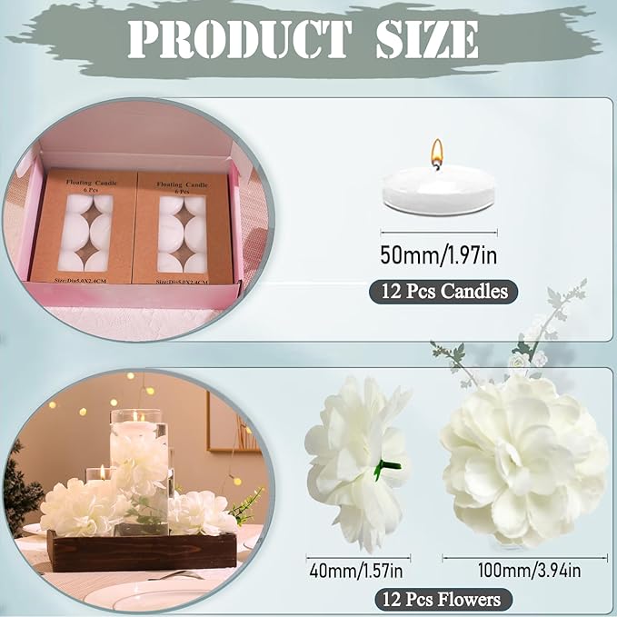 Vase Fillers with 12 White Floating Candles and 12 Artificial Flowers
