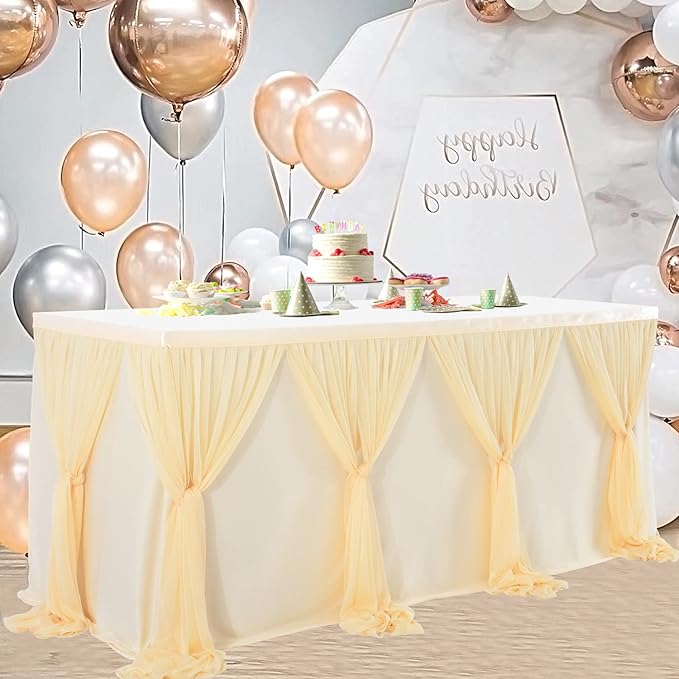 6ft Champagne Table Skirt for Rectangle Tables or Round Tables Champagne Tutu Tulle Table Skirt Cloth for Wedding Baby Shower Birthday Party Dessert Buffet Banquet Decorations