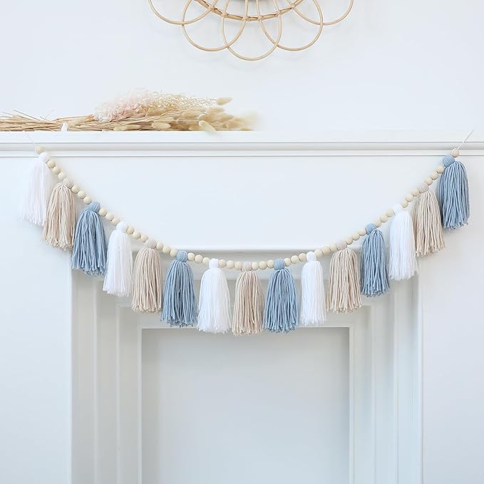 Tassels Garland Blue Boho Wall Hanging with Wooden Beads