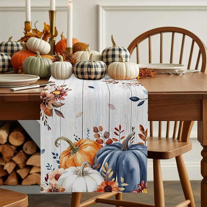 Thanksgiving Fall Cotton Linen Table Runner for Dining Kitchen, Pumpkins Eucalyptus Wedding Outdoor Party Tablerunners Decoration, Farmhouse Wooden Dresser Scarf Coffee Tablecloth Runners 13x90 Inches