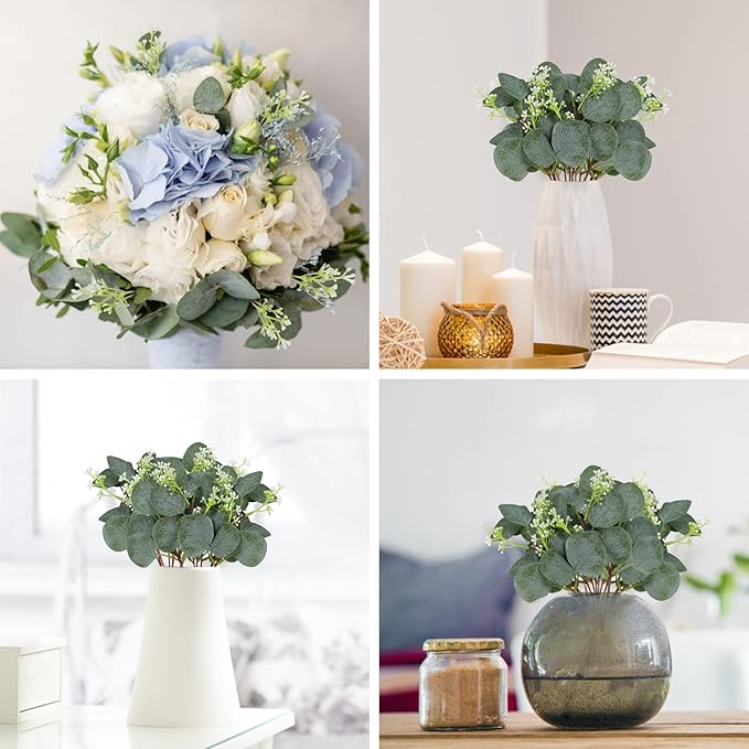 80 Pcs Mixed Eucalyptus Leaves Stems Bulk Artificial Silver Dollar Leaves for Vase Bouquets Baby Eucalyptus Leaves for Family Wedding Center Flower Arrangement