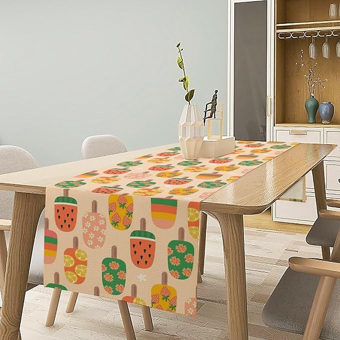 Summer Popsicles Table Runner, Colorful Cute Ice Cream Childish Seasonal Dinner Runner for Party Holiday Home Kitchen Dining Table Decor 13"x36"