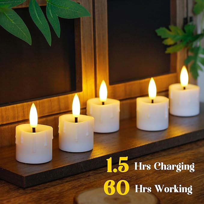 Rechargeable Flameless 1.6" x2.5" Tea Light Candles with Remote & Type-C Charging Cable, Timer LED Flickering White Plastic 6pcs Mini Dripping Wax Votive Tealight Candles