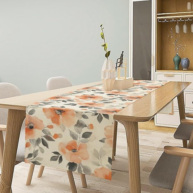 Floral Fall Table Runner, Rustic Watercolor Orange Flowers Seasonal Summer Autumn Table Runner for Kitchen Dinning Table Runner Decor Home Wedding Party Holiday, 13x120 Inch