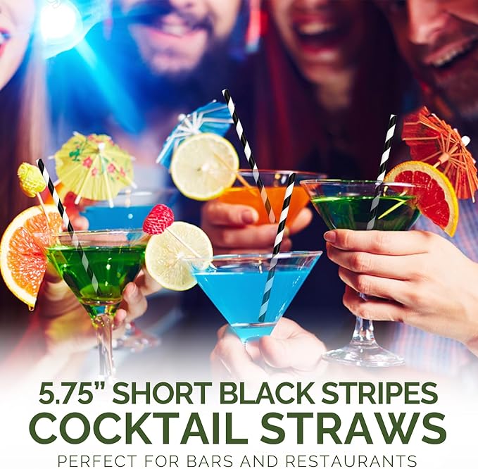 Paper Cocktail Straws, 5.75 Inch, 500 Count, Black Stripes