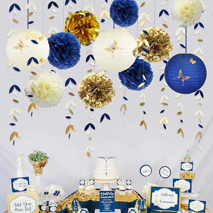 Banners Party Decor Kit in Navy Blue and Gold, 40 Pieces, Paper Lanterns