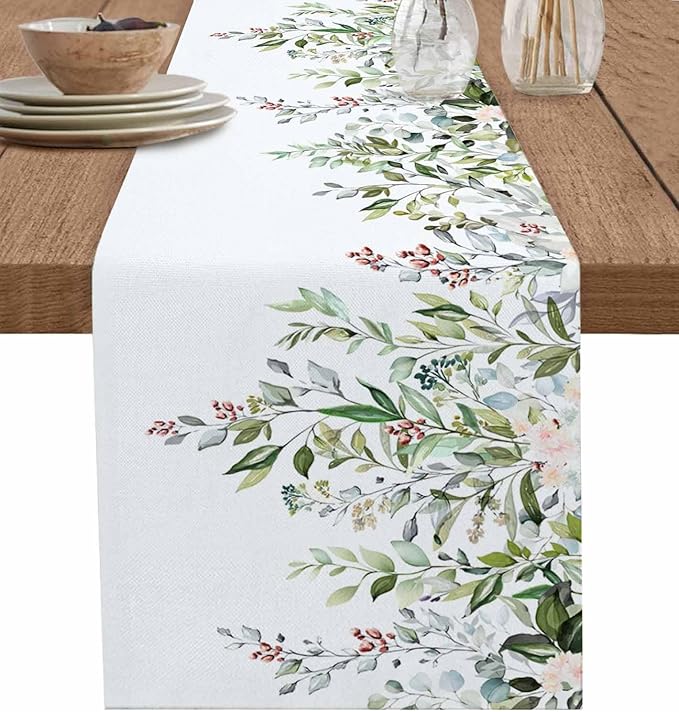 Botanical Eucalyptus Cotton Linen Table Runner for Dining Kitchen, Wedding Outdoor Party Tablerunners Decoration, Sage Green Leaves Elegant Floral Dresser Scarf Coffee Tablecloth Runners 13x36 Inches
