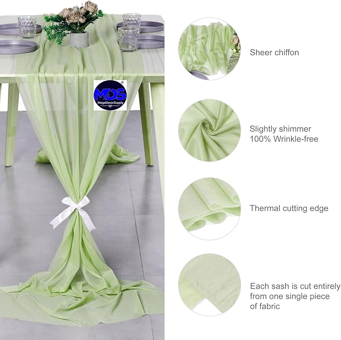 MDS 20 Pack 10ft Chiffon Table Runner 29 x 120 Inches Sheer Wedding Runner Romantic Rustic Table Runner for Wedding Decorations, Birthday Parties, Bridal Shower Party Arch Decor - Sage Green