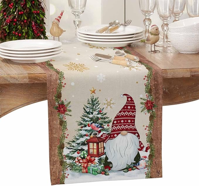 Christmas Gnomes Cotton Linen Table Runner for Dining Kitchen, Xmas Pine Tree Snowflake Rustic Wedding Outdoor Party Tablerunners Decoration, Retro Wood Dresser Scarf Tablecloth Runners 13x120 Inches