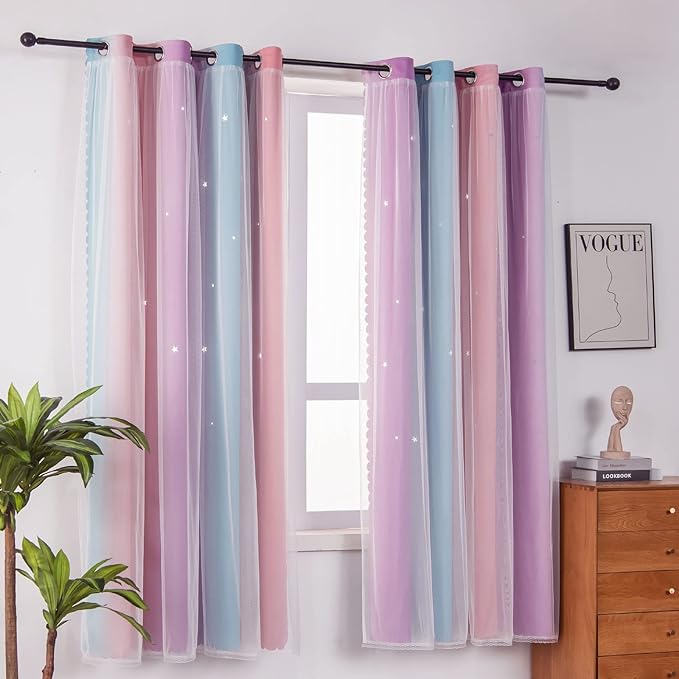 FANLI Ombre Rainbow Blackout Curtains for Kid Girls Bedroom Living Room Darking Stripe Double Layer Star Cut Out Wall Home Decor Gradient Grommet Window Curtains (Pink Purple, 52W x 72L)