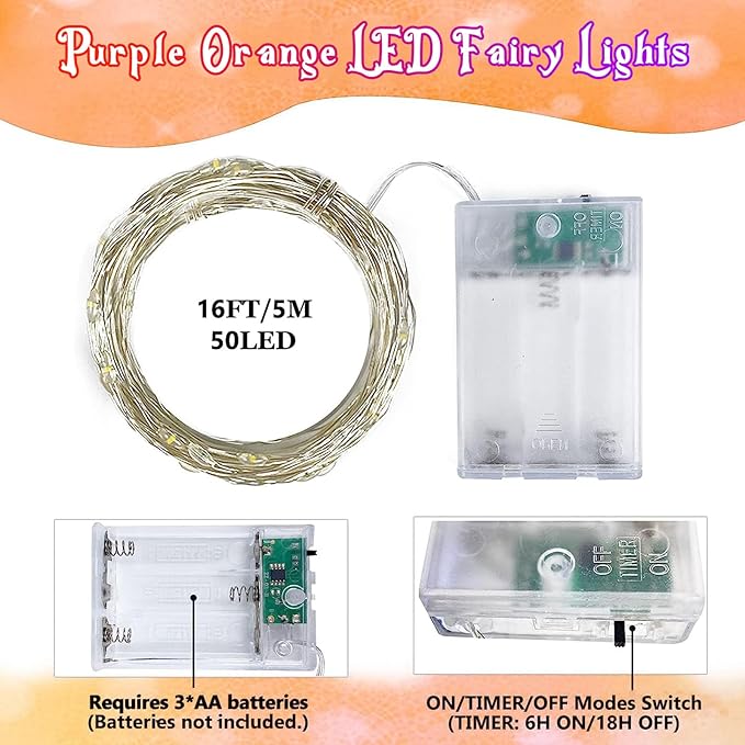 4-Pack 50 LED Orange and Purple Fairy Lights Battery Operated with Timer, 16FT Waterproof Starry Halloween String Lights Outdoor Indoor for Bedroom Wedding Birthday Halloween Horror Parties Decoration
