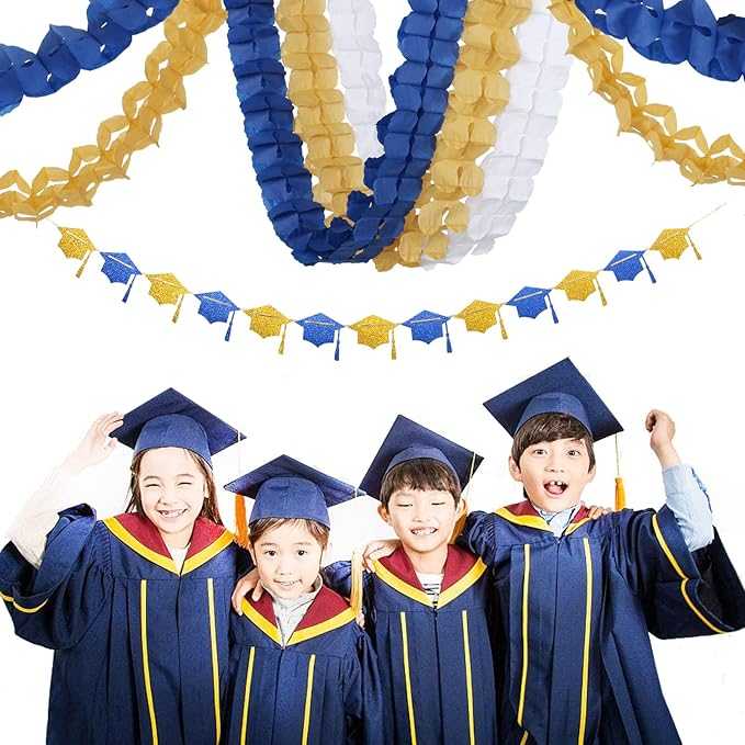 Navy-Blue White-Gold Party-Decorations Streamers Garland - 12pcs Royal Blue Graduation 2025 4-Leaf Paper Clover Streamer Men Boy Birthday Wedding Bridal Shower Flower Banners Fathers day Decor Ouruola