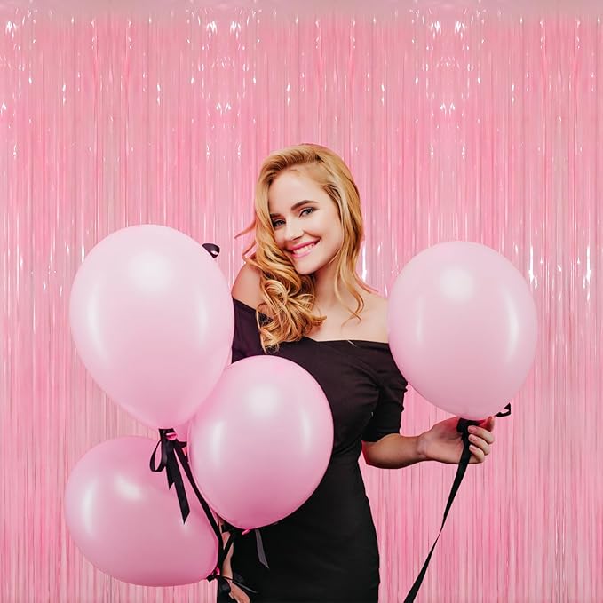 GOER 3.2 ft x 8.2 ft Metallic Tinsel Foil Fringe Curtains Party Photo Backdrop Party Streamers for Birthday,Graduation,New Year Eve Decorations Wedding Decor(4 Packs,Candy Pink)