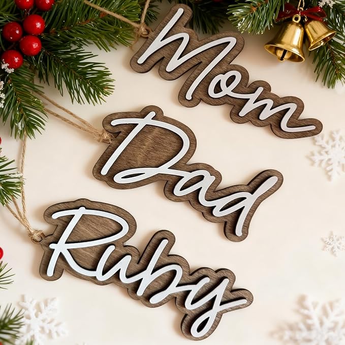 4Pcs Personalized Christmas Stocking Name Tags Custom Wooden Stocking Name Tag Customized Letters Tags Custom Xmas Stockings Hanging Tag Gifts for Christmas Stockings