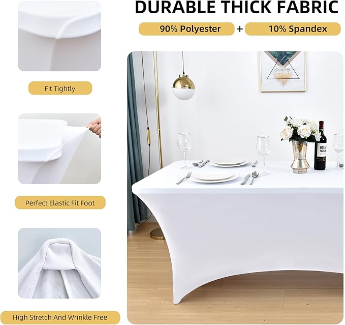 2-Pack 4ft White Spandex Table Covers for Rectangular Folding Tables - Wrinkle Resistant Stretch Tight Table Cloths - Ultimate Fitted Table Protector for Parties, Banquet, and Wedding